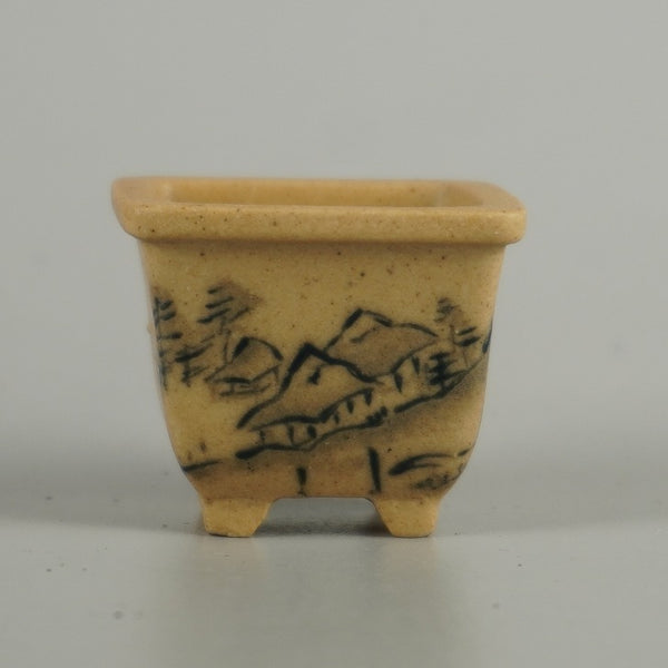 中古 盆栽鉢 落款なし 豆鉢 長辺 約 3.8cm 正方鉢 外縁 山水図 泥物 ミニ鉢 鑑賞 観賞用  中古鉢 u1203449972