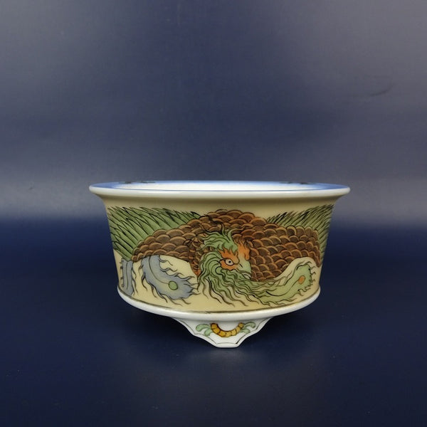 盆栽鉢 大樹堂造 山海窯 小鉢 長辺 約 9cm 丸鉢 外縁 色絵 鳳凰 絵鉢 鑑賞 観賞用  新品 w1203450730