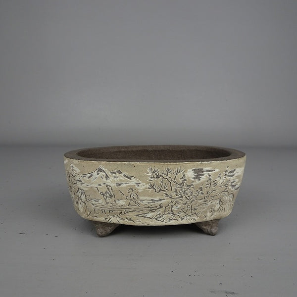 盆栽鉢 陶翠 小型 長辺 約 11cm 楕円鉢 釘彫 人物 風景 釉薬 鑑賞 観賞用  新品 c1203460250