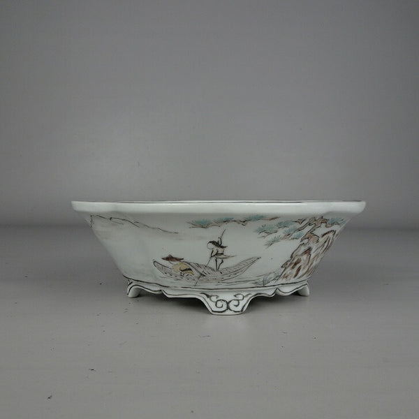 盆栽鉢 峰山 小型 長辺 約 15cm 木瓜鉢 外縁 色絵 人物 風景 絵鉢 鑑賞 観賞用  新品 q1203456735