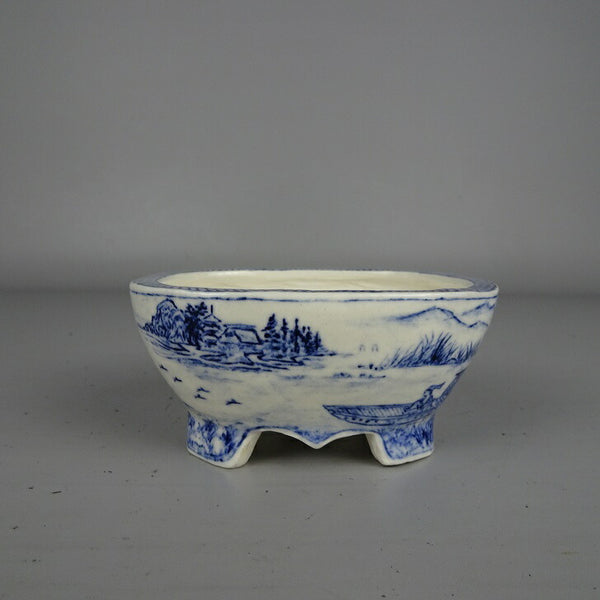 盆栽鉢 梢風 小鉢 長辺 約 9.2cm 長方鉢 染付 山水図 鑑賞 観賞用  新品 c1203455375