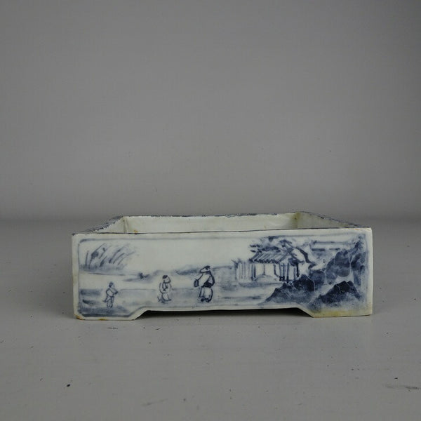 盆栽鉢 落款あり 小型 長辺 約 13.5cm 長方鉢 染付 人物 風景 鑑賞 観賞用  新品 l1203752108