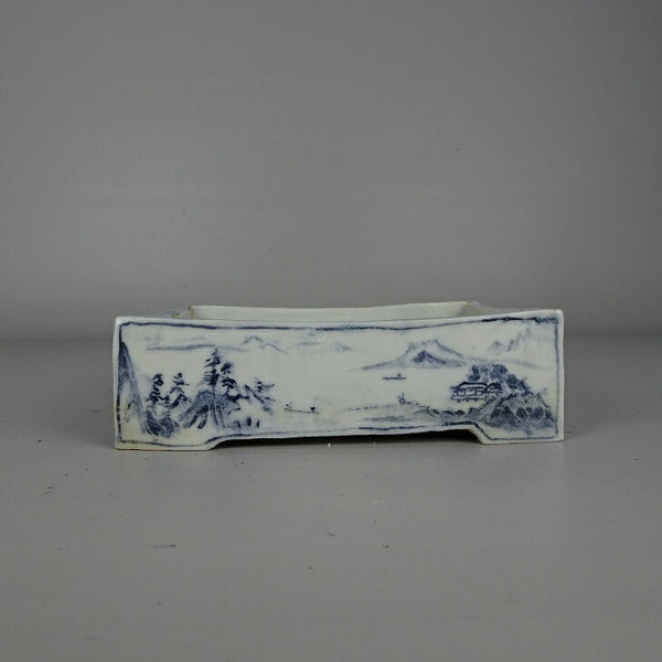中古盆栽鉢 落款あり 小型 長辺 約 13.7cm 長方鉢 染付 山水図 和鉢 鑑賞 観賞用  中古鉢 p1205018168