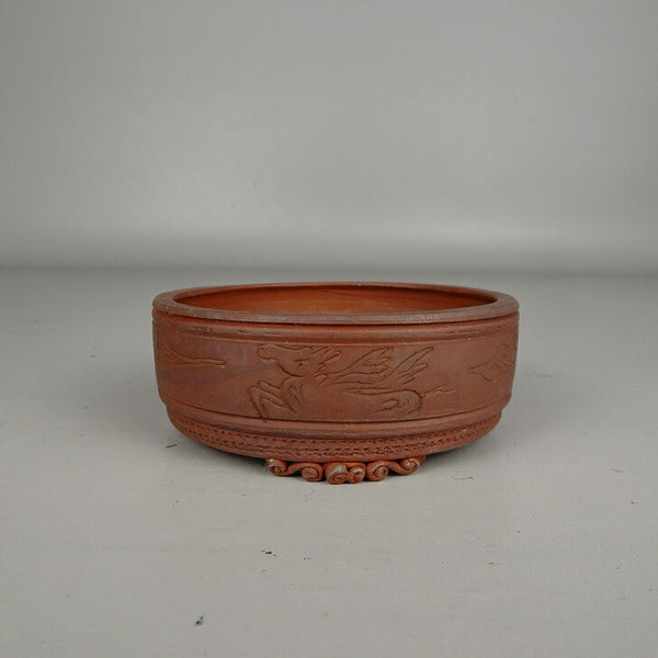 中古盆栽鉢 泥珠 小鉢 長辺 約 8.4cm 丸鉢 雲足 釘彫 泥鉢  中古鉢 k1205011976