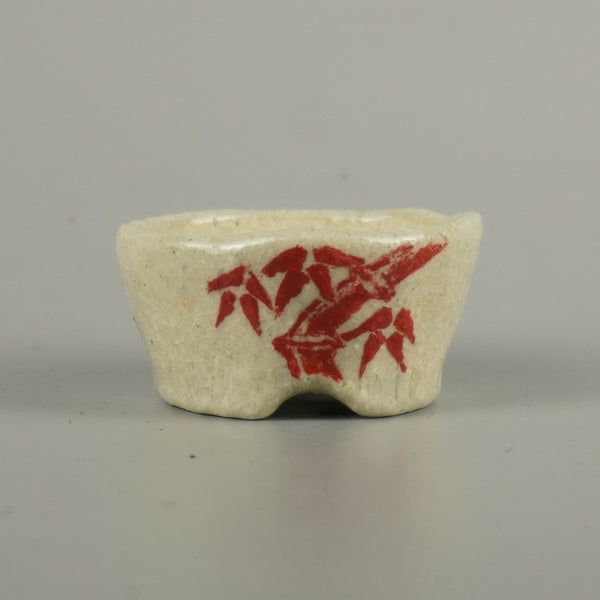 盆栽鉢 越前文山 豆鉢 長辺 約 4.8cm 丸鉢 赤絵 竹 笹 花 はな ハナ ミニ鉢 鑑賞 観賞用  新品 m1205271487