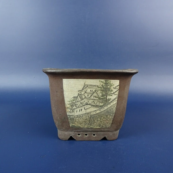 中古盆栽鉢 神戸 小鉢 長辺 約 8.6cm 正方鉢 縁付 絵鉢 郡上八幡 城 泥鉢 鑑賞 観賞用  中古鉢 o1206109422