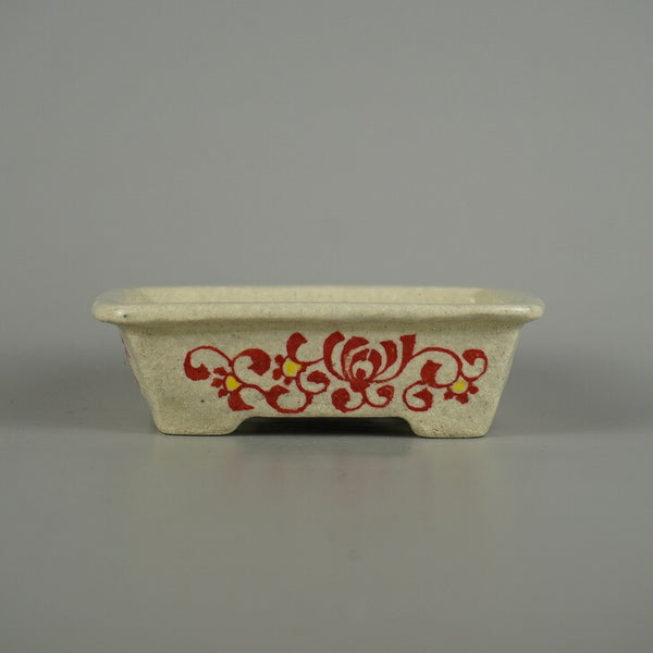 盆栽鉢 越前文山 小型 長辺 約 13cm 長方鉢 赤絵 竹 笹 花 はな ハナ 鑑賞 観賞用  新品 b1206104162