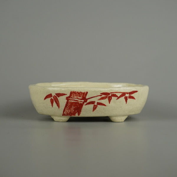 盆栽鉢 越前文山 小型 長辺 約 12.7cm 楕円鉢 赤絵 竹 笹 花 はな ハナ 鑑賞 観賞用  新品 l1206090391