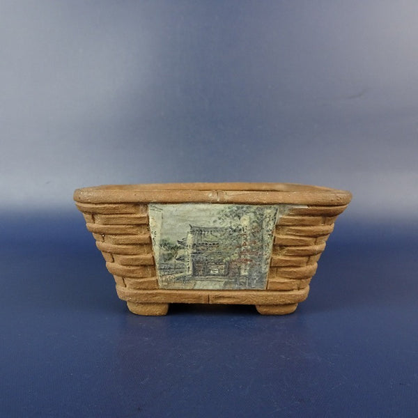 中古盆栽鉢 神戸 小鉢 長辺 約 9.2cm 正方鉢 色絵 風景 籠彫 泥鉢  中古鉢 q1206095330
