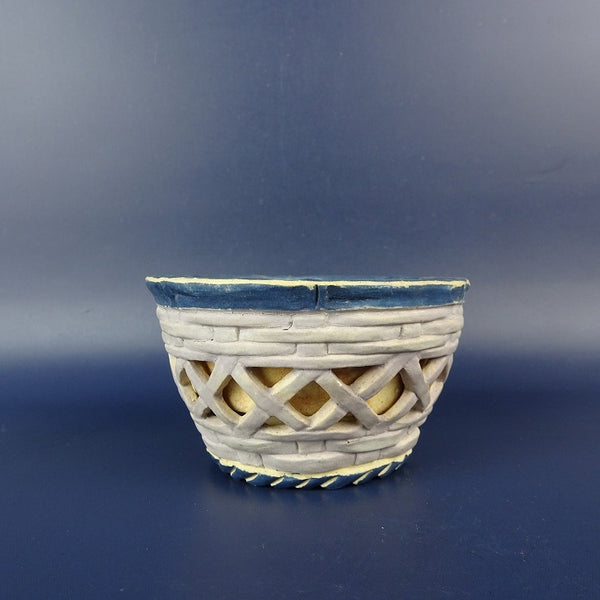 中古盆栽鉢 神戸 小鉢 長辺 約 9.2cm 丸鉢 籠編 釉薬  中古鉢 s1206101358