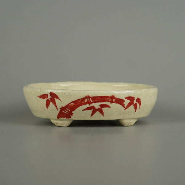 盆栽鉢 越前文山 小型 長辺 約 12.5cm 楕円鉢 赤絵 竹 笹 花 はな ハナ 鑑賞 観賞用  新品 v1206125302