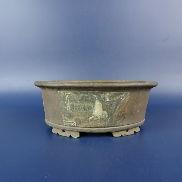 中古盆栽鉢 神戸 小型 長辺 約10.7cm 楕円鉢 下帯 絵鉢 風景 泥鉢  中古鉢 j1206098542