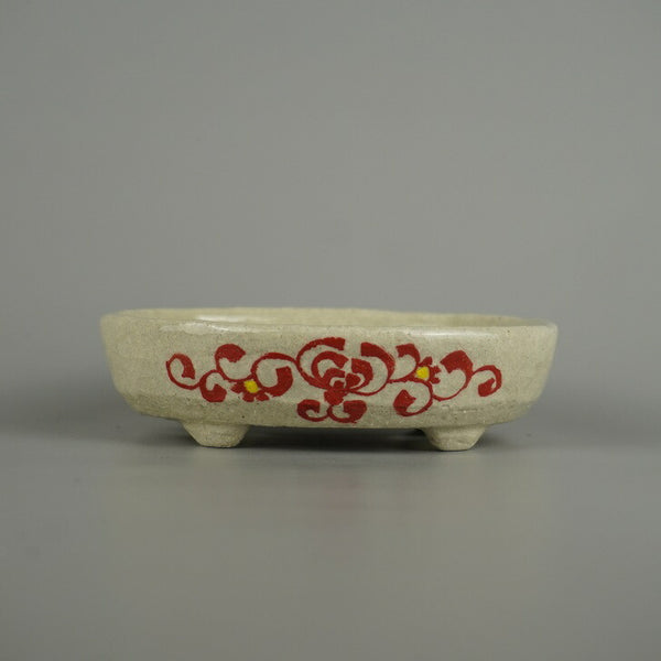 盆栽鉢 越前文山 小型 長辺 約 12.6cm 楕円鉢 赤絵 竹 笹 花 はな ハナ 鑑賞 観賞用  新品 k1206091739