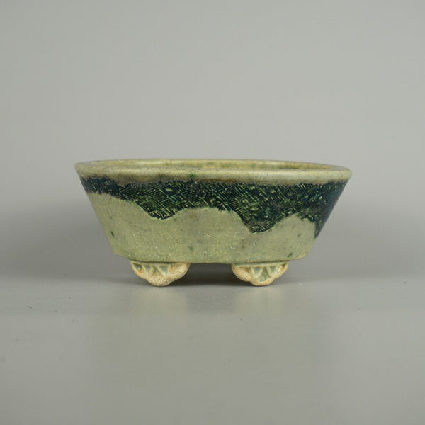 中古盆栽鉢 忠寛 小型 長辺 約 14.2cm 楕円鉢 模様 釉薬  中古鉢 g1206110803