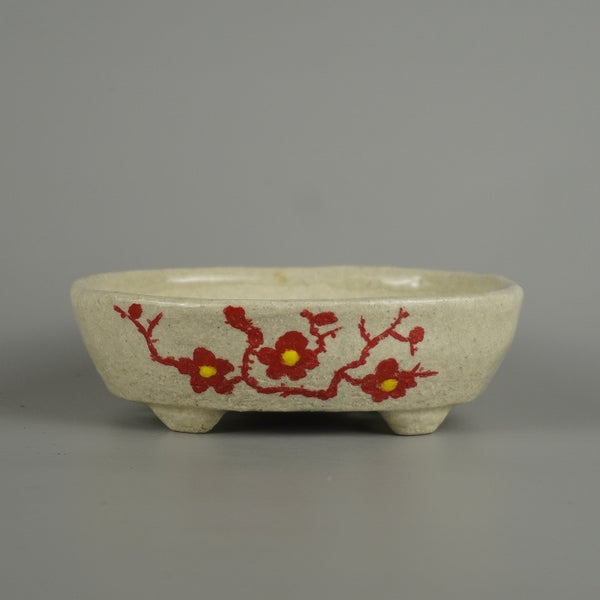 盆栽鉢 越前文山 小型 長辺 約 12.5cm 楕円鉢 赤絵 竹 笹 梅 花 はな ハナ 鑑賞 観賞用  新品 x1206090285