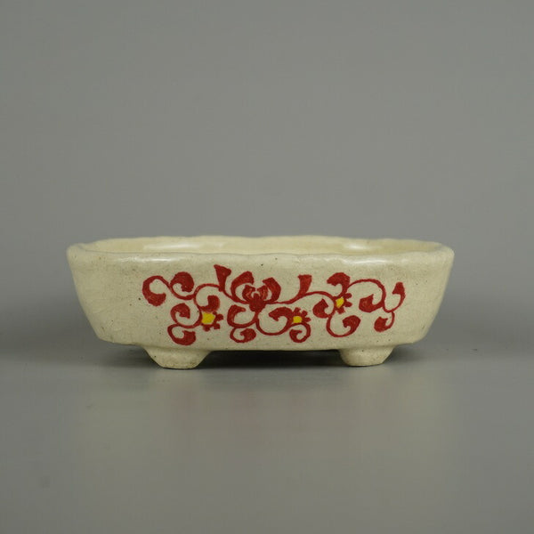 盆栽鉢 越前文山 小型 長辺 約 12.8cm 楕円鉢 赤絵 竹 笹 花 はな ハナ 鑑賞 観賞用  新品 w1206091814