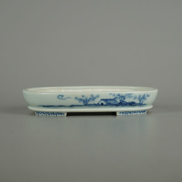 中古盆栽鉢 石泉 小型 長辺 約 14.5cm 楕円鉢 下帯 染付 山水図 人物 模様 鑑賞 観賞用  中古鉢 e1206092278