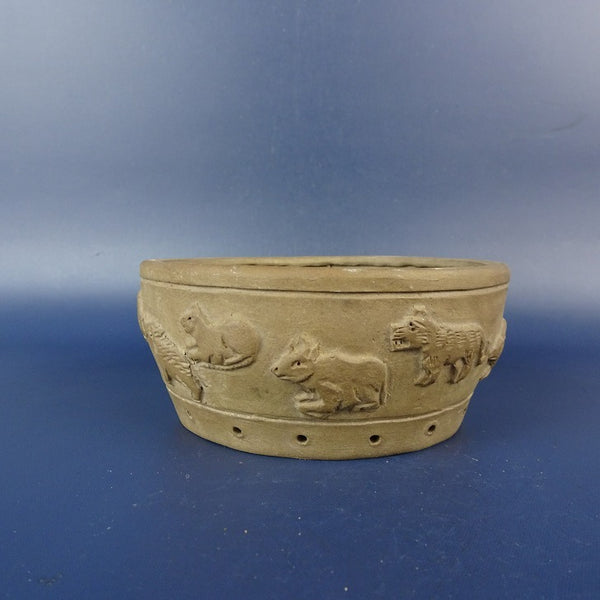 中古盆栽鉢 神戸 修 小型 長辺 約10cm 丸鉢 浮彫 十二支 干支 泥鉢 鑑賞 観賞用  中古鉢 p1206099549