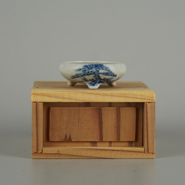 中古盆栽鉢 市之倉 石州 豆鉢 長辺 約 4.7cm 丸鉢 染付 松 まつ マツ 人物 青 ミニ鉢 箱付 鑑賞 観賞用  中古鉢 t1206094300