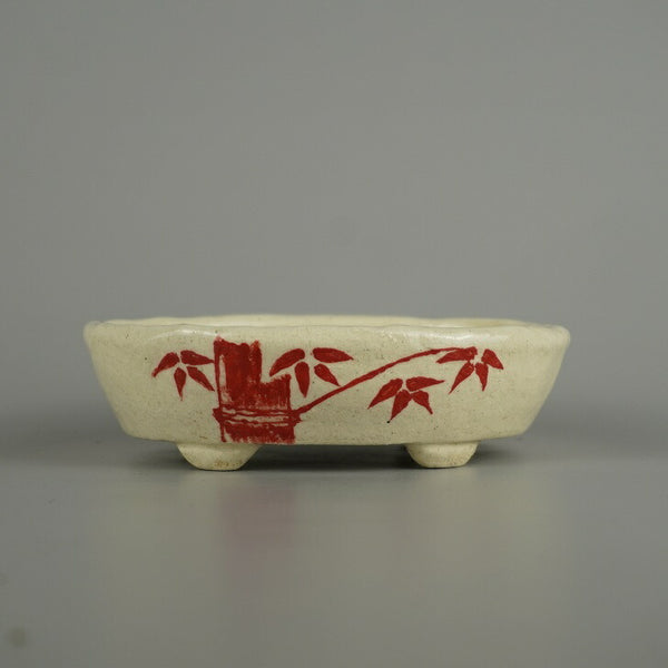 盆栽鉢 越前文山 小型 長辺 約 12.7cm 楕円鉢 赤絵 竹 笹 花 はな ハナ 鑑賞 観賞用  新品 t1206092755