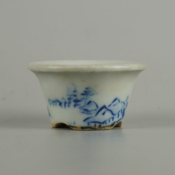 中古 盆栽鉢 落款なし 豆鉢 長辺 約 4.5cm 丸鉢 山水図 釉薬 ミニ鉢 鑑賞 観賞用  中古鉢 o1206116177