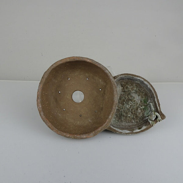 中古盆栽鉢 神戸 小型 長辺 約17.6cm 変形 丸鉢 ヒョウタン型 蛙付 かえる カエル 泥物  中古鉢 q1207283877