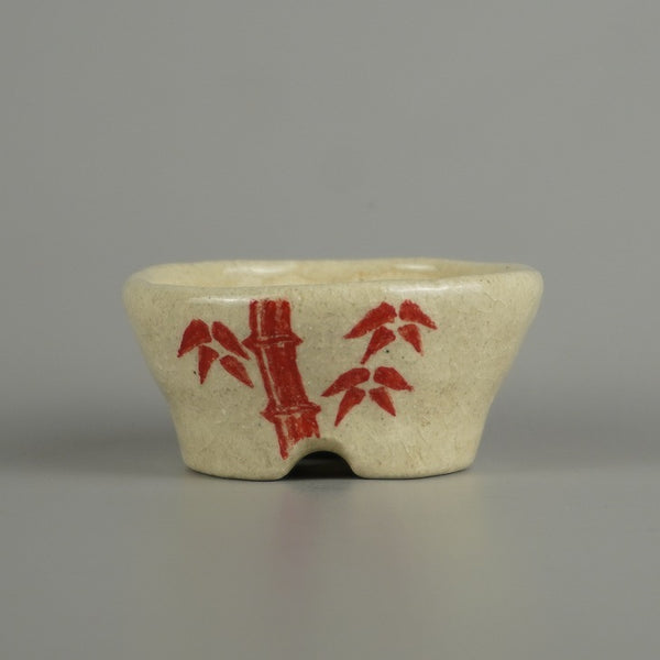 盆栽鉢 文山 越前文山 小鉢 長辺 約 6.8cm 丸鉢 赤絵 竹 笹 花 はな ハナ 鑑賞 観賞用  新品 q1207544271