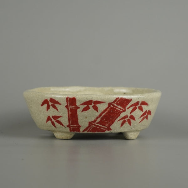 盆栽鉢 越前文山 小型 長辺 約 12cm 楕円鉢 赤絵 竹 笹 花 はな ハナ 鑑賞 観賞用  新品 j1207548586