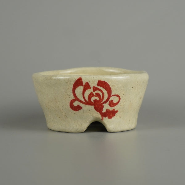 盆栽鉢 文山 越前文山 小鉢 長辺 約 7.7cm 丸鉢 赤絵 竹 笹 花 はな ハナ 鑑賞 観賞用  新品 f1207538599