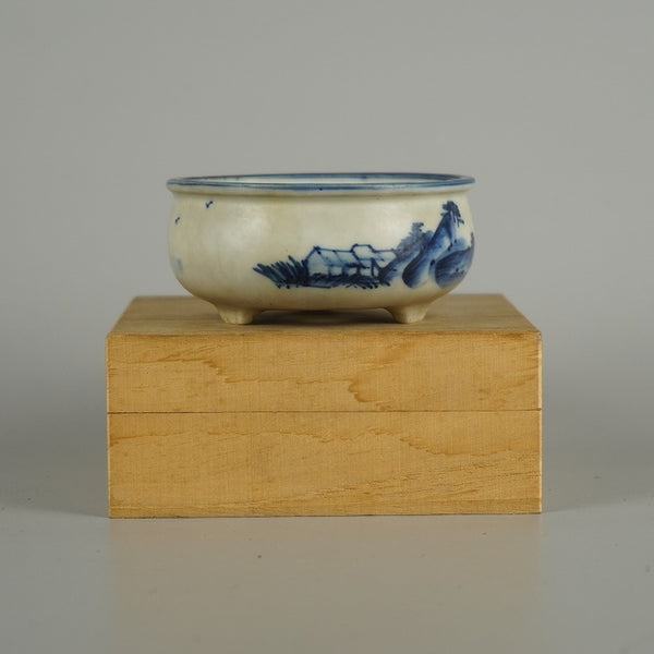 中古盆栽鉢 光峰 小鉢 長辺 約 8.3cm 丸鉢 染付 山水図 箱付 鑑賞 観賞用  中古鉢 b1207548736