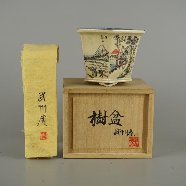中古盆栽鉢 武州庵 福茂 小型 長辺 約 7.3cm 六角鉢 色絵 東海道 五拾三次 模様 共箱 共布 鑑賞 観賞用  中古鉢 r1207533377