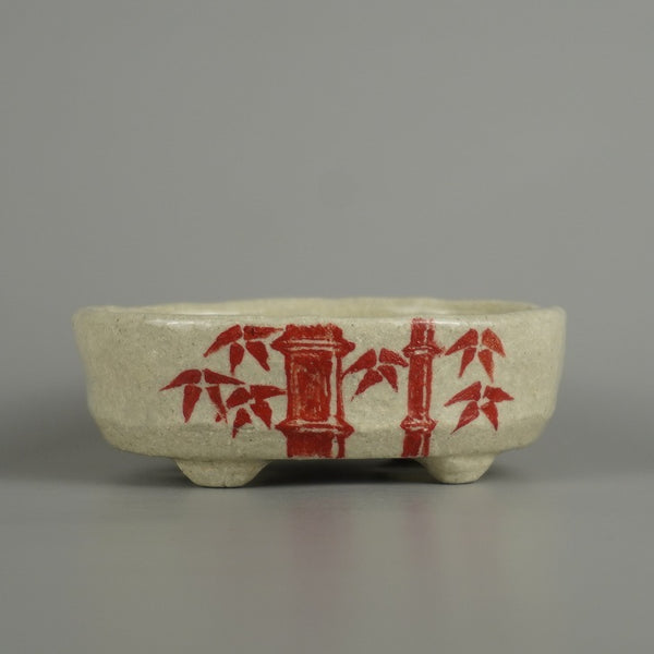 盆栽鉢 文山 越前文山 小型 長辺 約 10.3cm 楕円鉢 赤絵 竹 笹 花 はな ハナ 鑑賞 観賞用  新品 o1207553386