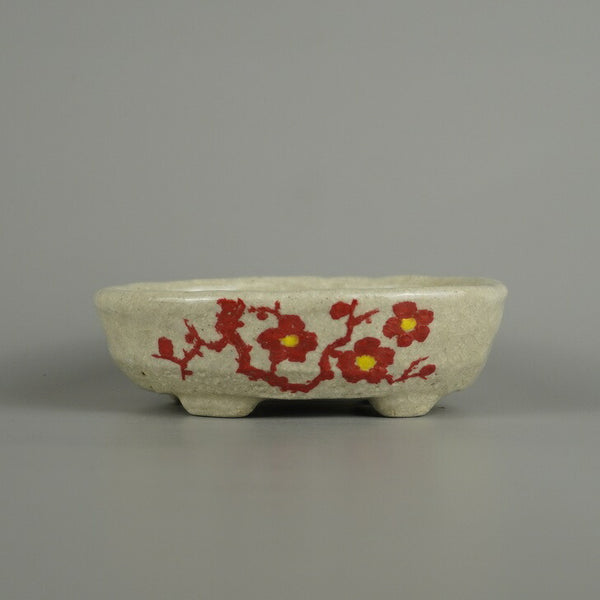 盆栽鉢 文山 越前文山 小型 長辺 約 10.5cm 楕円鉢 赤絵 竹 笹 花 はな ハナ 鑑賞 観賞用  新品 m1207539078