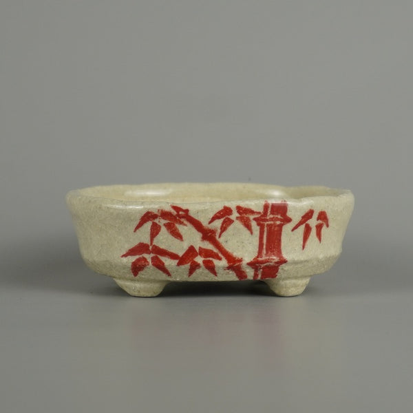 盆栽鉢 文山 越前文山 小鉢 長辺 約 8.5cm 楕円鉢 赤絵 竹 笹 花 はな ハナ 鑑賞 観賞用  新品 h1207561537