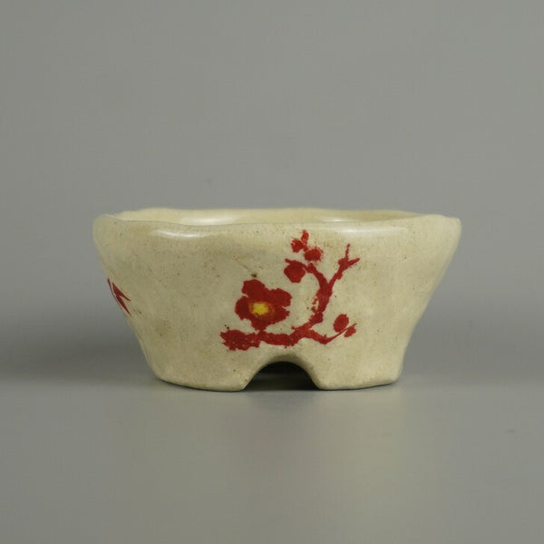 盆栽鉢 文山 越前文山 小鉢 長辺 約 7.8cm 丸鉢 赤絵 竹 笹 花 はな ハナ 鑑賞 観賞用  新品 o1207554719