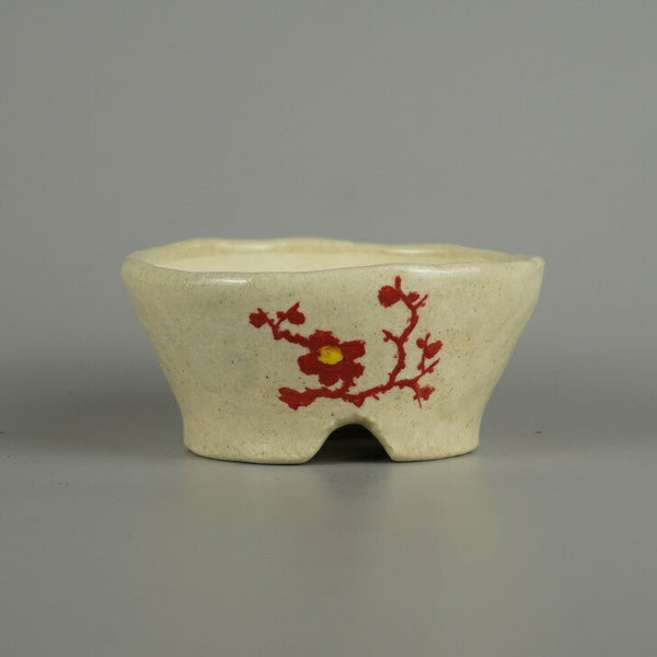 盆栽鉢 文山 越前文山 小鉢 長辺 約 8.9cm 丸鉢 赤絵 竹 笹 花 はな ハナ 鑑賞 観賞用  新品 p1207542145