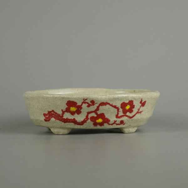 盆栽鉢 文山 越前文山 小型 長辺 約 11.9cm 楕円鉢 赤絵 竹 笹 花 はな ハナ 鑑賞 観賞用  新品 t1207532983