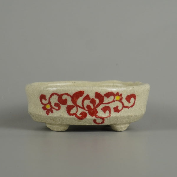 盆栽鉢 文山 越前文山 小鉢 長辺 約 7.9cm 楕円鉢 赤絵 竹 笹 花 はな ハナ 鑑賞 観賞用  新品 f1208178842