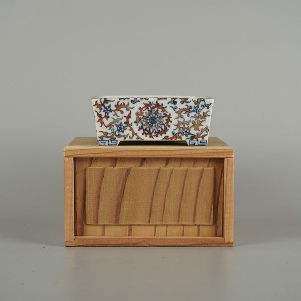 中古盆栽鉢 陶雀 小鉢 長辺 約 9.8cm 正方鉢 色絵 花 模様 箱付 鑑賞 観賞用  中古鉢 s1208294209