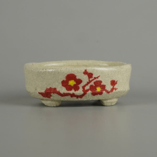 盆栽鉢 文山 越前文山 小鉢 長辺 約 7.4cm 楕円鉢 赤絵 竹 笹 花 はな ハナ 鑑賞 観賞用  新品 u1208304975