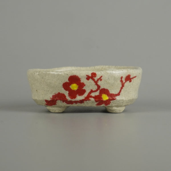 盆栽鉢 文山 越前文山 小鉢 長辺 約 7.2cm 楕円鉢 赤絵 竹 笹 花 はな ハナ 鑑賞 観賞用  新品 f1208286437