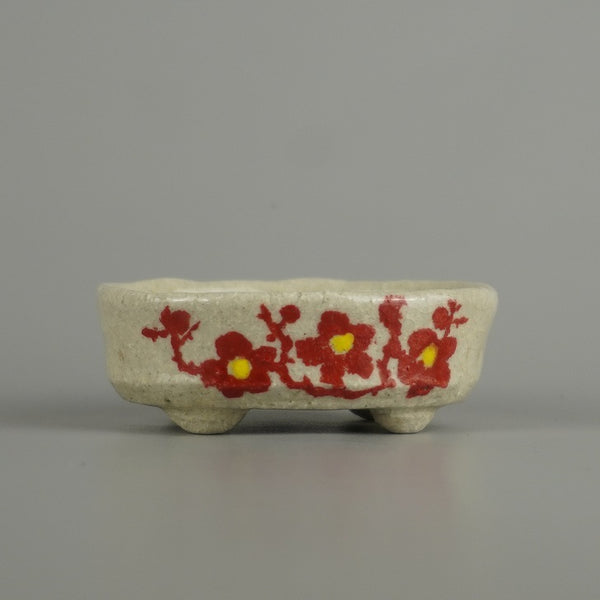 盆栽鉢 文山 越前文山 小鉢 長辺 約 6.8cm 楕円鉢 赤絵 竹 笹 花 はな ハナ 鑑賞 観賞用  新品 m1208287658