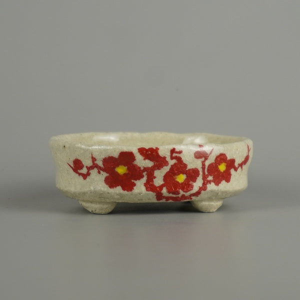 盆栽鉢 文山 越前文山 小鉢 長辺 約 7.4cm 楕円鉢 赤絵 竹 笹 花 はな ハナ 鑑賞 観賞用  新品 b1208295074