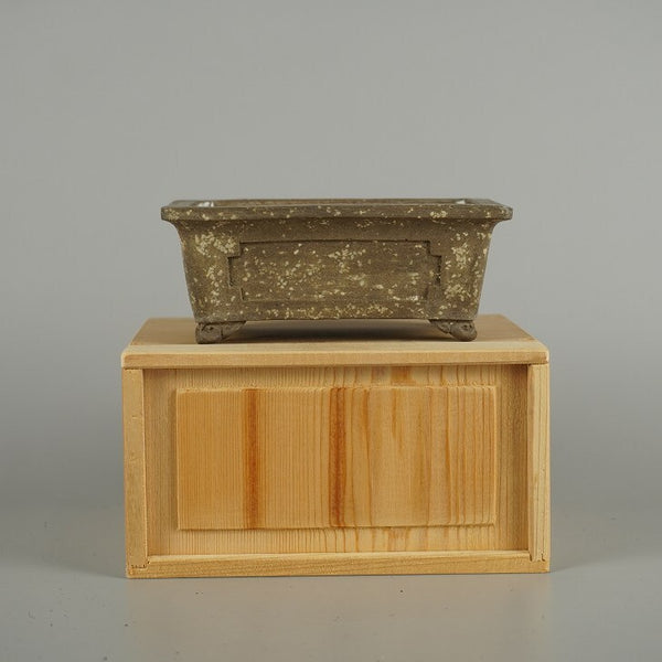 中古盆栽鉢 平安 東福寺 二代 小型 長辺 約 12.5cm 長方鉢 外縁 雲足 窓入 梨皮 泥物 箱付 鑑賞 観賞用  中古鉢 d1208291940