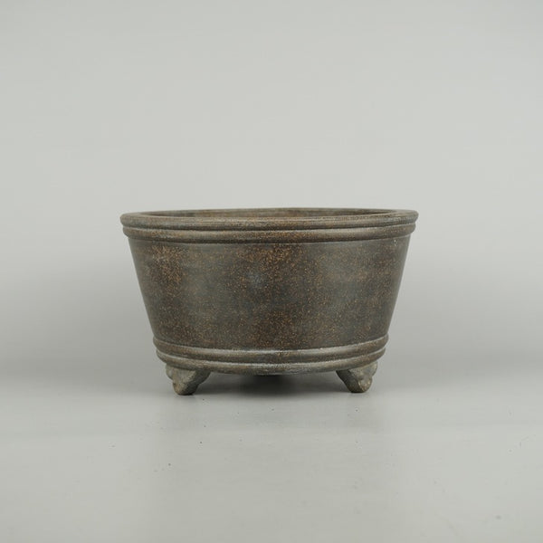 中古盆栽鉢 長青 小型 長辺 約 19.5cm 丸鉢 雲足 上下帯 泥物  中古鉢 p1209297602