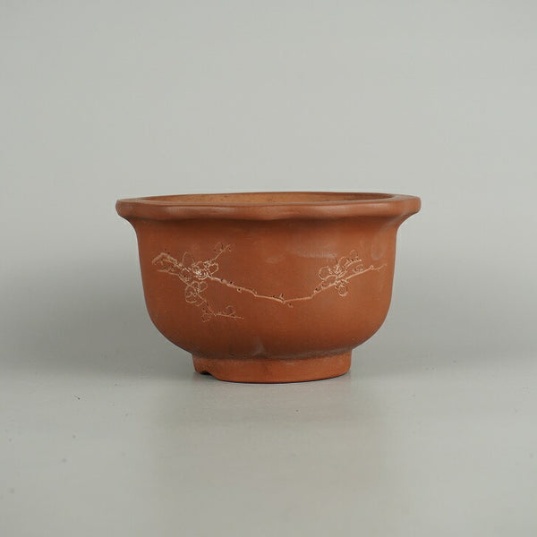 中古盆栽鉢 落款あり 小型 長辺 約 14.7cm 輪花鉢 外縁 彫入 梅 花 漢文 泥物 中国鉢 鑑賞 観賞用  中古鉢 d1209292675