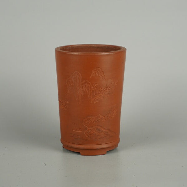 中古盆栽鉢 常滑 泥珠 小型 高さ 約 11.6cm 下方 丸鉢 彫入 山水図 泥物 鑑賞 観賞用  中古鉢 j1209298254