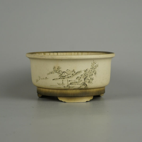 中古盆栽鉢 文山 小型 長辺 約 12.7cm 丸鉢 縁付 山水図  中古鉢 p1209289084