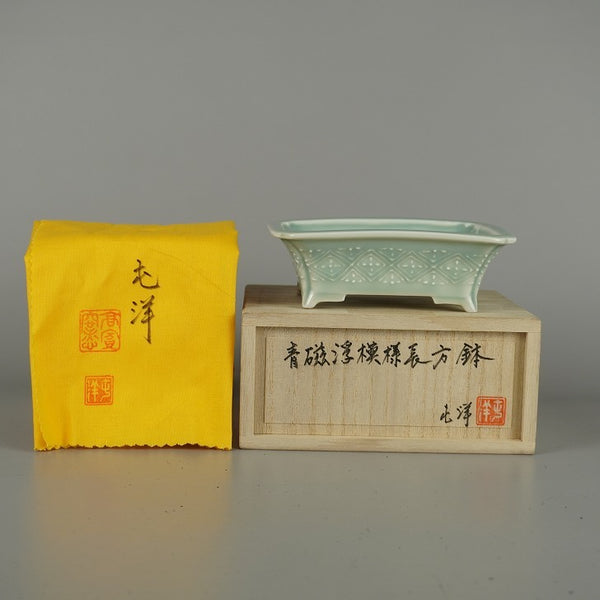 盆栽鉢 屯洋 高濱窯 小型 長辺 約 14.5cm 長方鉢 隅入 浮 模様 青磁 釉薬 共箱 共布 鑑賞 観賞用  新品 l1209397153
