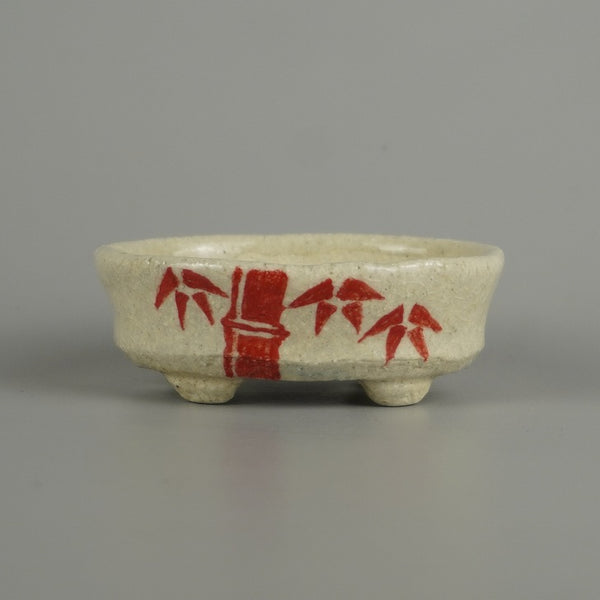 盆栽鉢 文山 越前文山 小鉢 長辺 約 7.3cm 楕円鉢 赤絵 竹 笹 花 はな ハナ 鑑賞 観賞用  新品 e1209392272